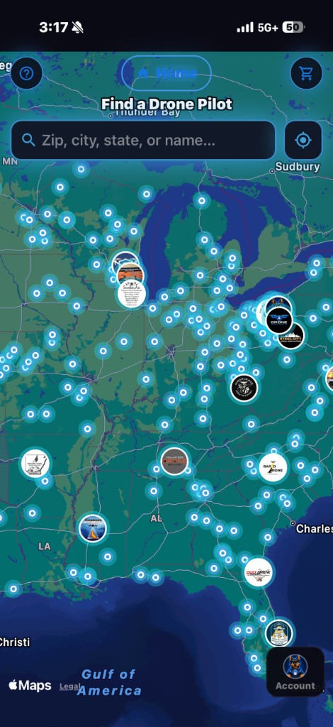 The Find a Drone Pilot map, with pilot pins across the country.