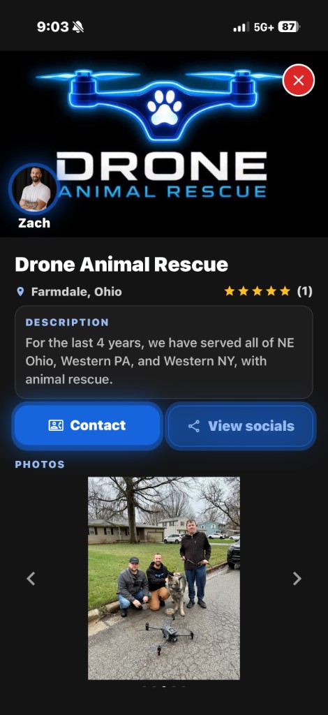 A Pilot Pro profile for Drone Animal Rescue in Farmdale, Ohio.