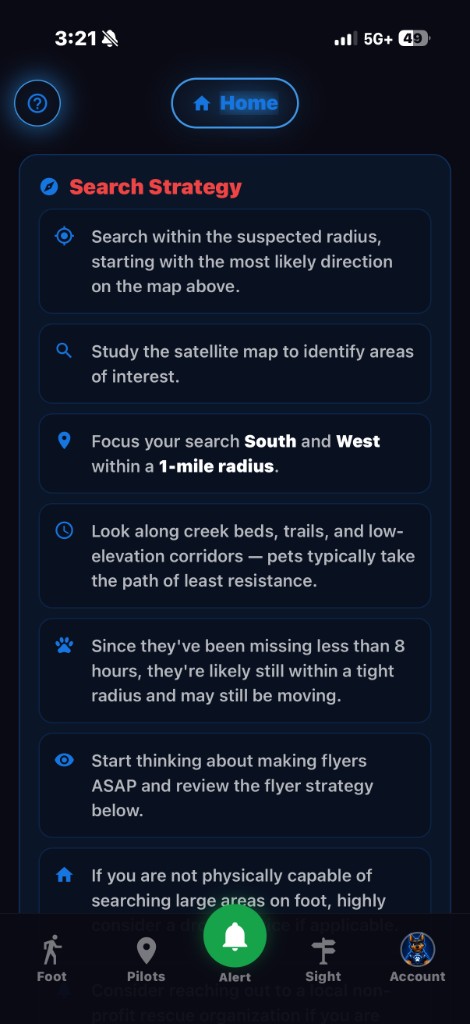 Search strategy advice in the app for a missing pet.