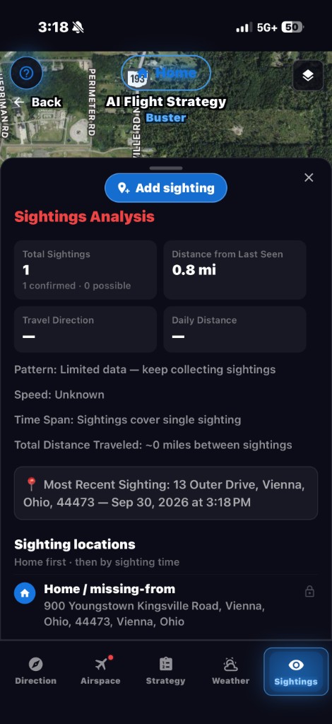Sightings analysis in the app, with the latest sighting on the map.